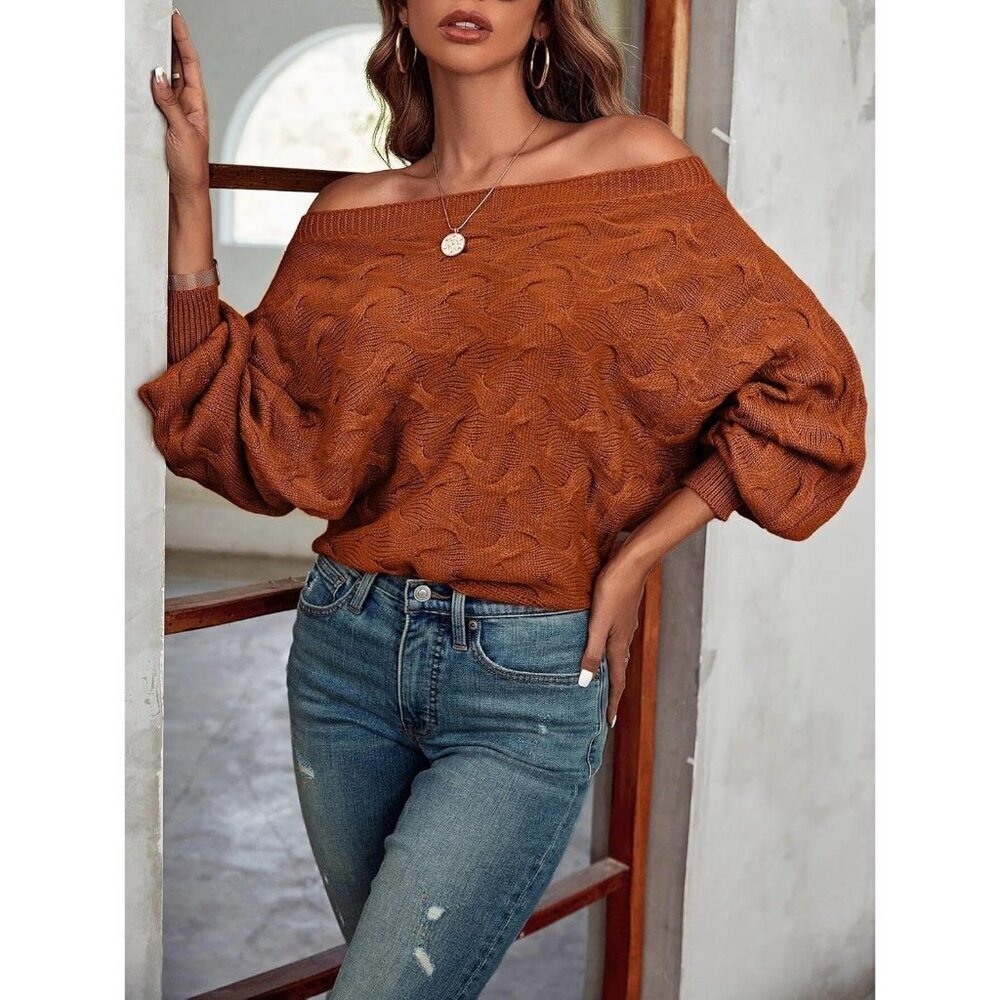 Women's Off the Shoulder Sweater Batwing Knit Pullover Fall Winter Casual - Picture 6 of 7
